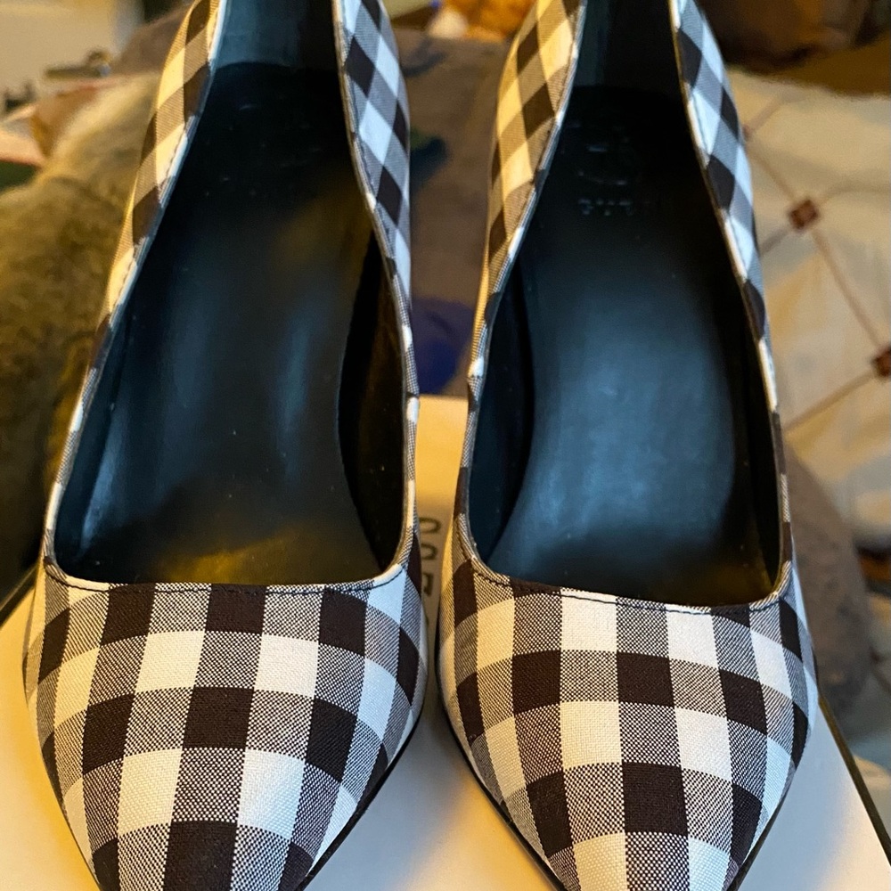 G by Guess Plaid Black and White Heels